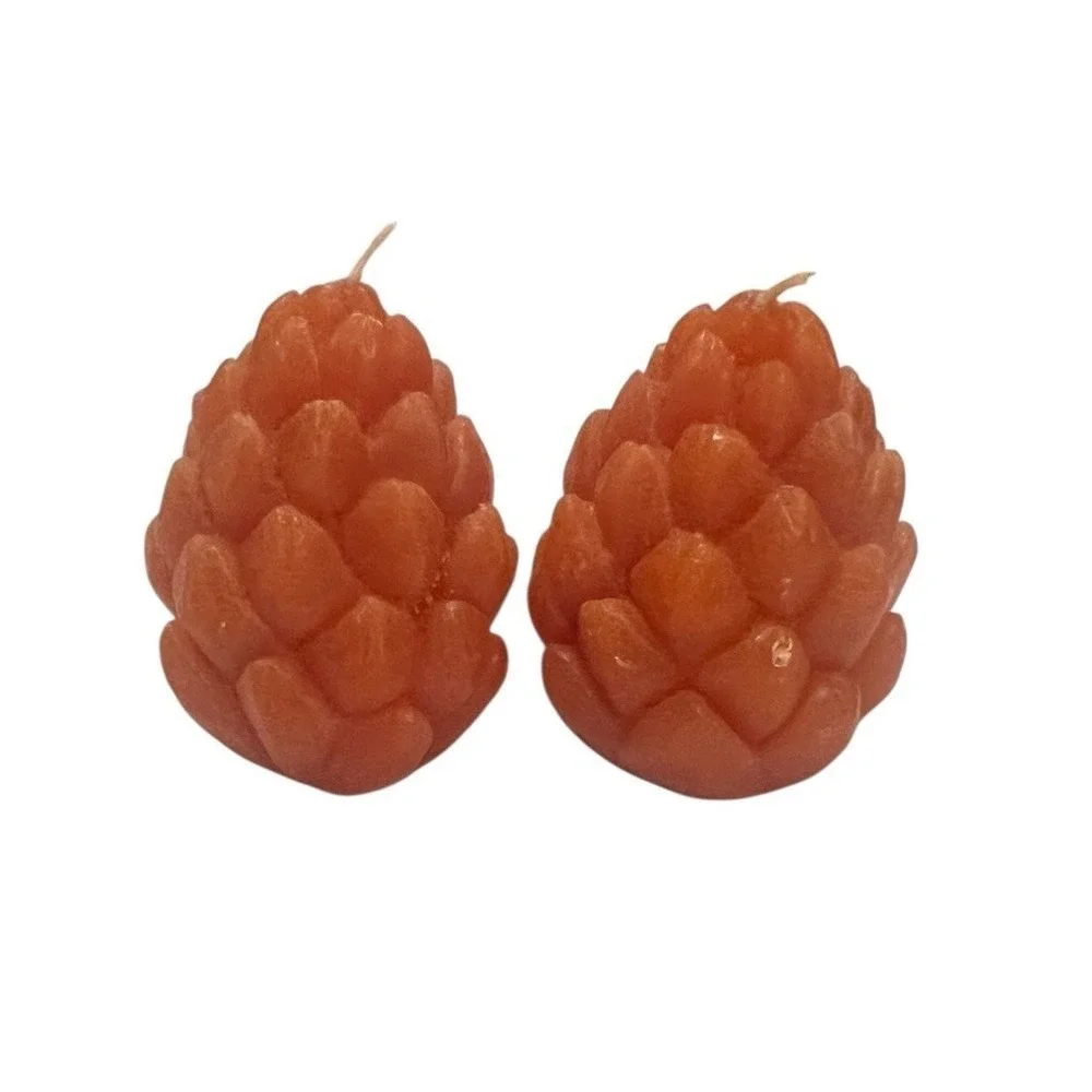 2 Pine Cone‎ Shaped Candles Orange Vtg UNUSED 2.5 inch